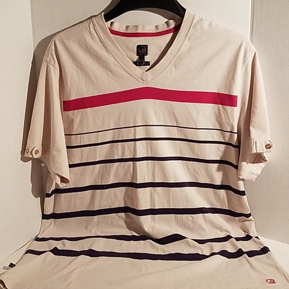 CAVI Men's Beige Stripe Vneck T-shirt 2XL
